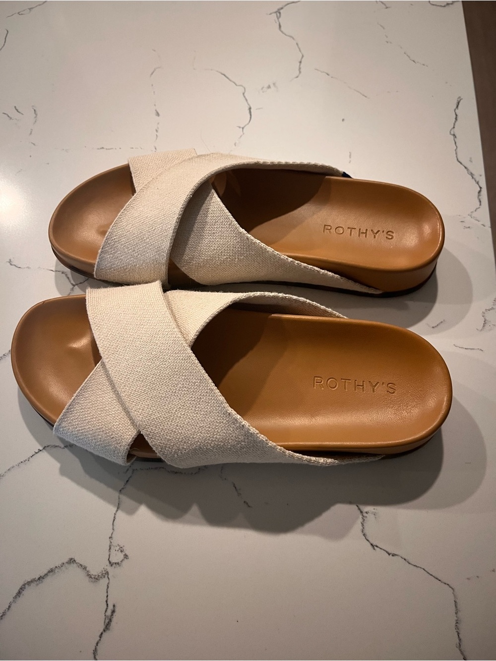 Rothy's Cream Crossband Slide Sandals with Tan Footbed